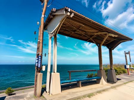 masterpiece, best quality, ultra-detailed, illustration,
shimonadaeki1, outdoors, scenery, day, sky, ocean, blue sky, horizon, power lines, water, utility pole, beach, train station, realistic, , photo background, , photo (medium), , photorealistic, real world location
 <lora:ShimonadaEki_V4:1>