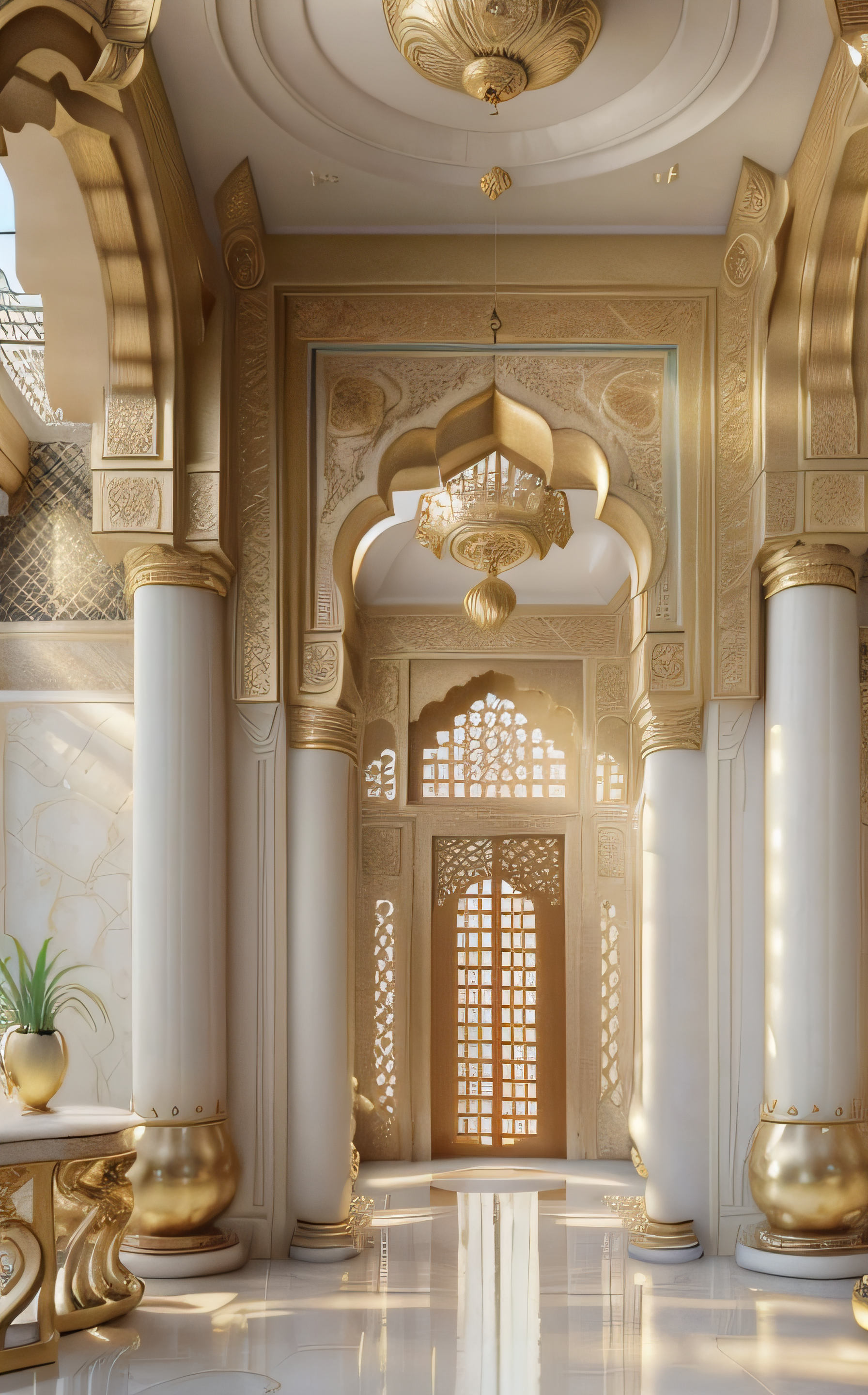 cinematic film still (Top-quality, 8K, masterpiece:1.3) Inside a Mughal palace, the interior gleams with opulence. Ivory and gold accents adorn the intricately carved walls and ceilings. Sunlight filters through delicate jali screens, casting patterns of light on marble floors. Embroidered tapestries depict lush gardens, while a shimmering pool reflects the grandeur. This masterpiece captures the elegance of Mughal design amidst the beauty of nature.
<lora:epi_noiseoffset2:1> <lora:IvoryGoldAIv2:1> Ivory Gold . shallow depth of field, vignette, highly detailed, high budget, bokeh, cinemascope, moody, epic, gorgeous, film grain, grainy