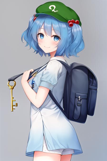 masterpiece, best quality, highres, solo, {kawashiro_nitori_touhou:1.10}, blue_hair, hair_bobbles, hair_ornament, two_side_up, blue_eyes, hat, short_hair, key, backpack, bag, smile