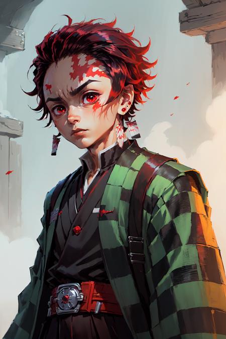 (Tanjiro) (OriginalOutfit) (Scar,Scar on forehead, Checkered Clothes, 1Boy, Red Hair)