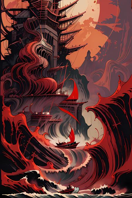 A lonely boat floating in the turbulent red ocean, tsunami, fierce huge waves, top down view of a boat <lora:tarot card:0.7>, dangerous depressing atmosphere, intricate, elegant, highly detailed, digital painting, artstation, concept art, smooth, sharp focus, illustration, art by h r giger and greg rutkowski and alphonse mucha, beautiful dramatic lighting, magnetic field, asteroid field