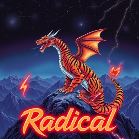 A tiger-striped dragon sitting on a mountain-top. Orange and black stripes.  Two horns.  Dragon Wings. Roaring.  Breathing fire.
Background mountains at night. Cosmic skyscape.  Synthwave colorscheme. Very realistic, fantasy illustration.
with the phrase "Radical" emblazoned in 3D, intricate, lightning patterns, with a predominantly neon colors,