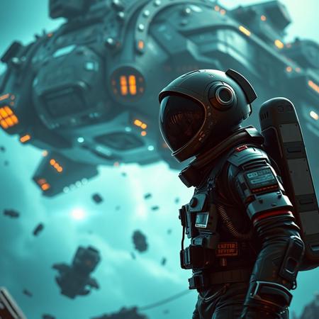A cinematic shot of an alien astronaut in a vibrant metallic black spacesuit standing in the foreground, with a massive, spacecraft as the backdrop. The spacecraft is adorned with numerous lights, windows, and technical details. The astronaut's suit is equipped with various gadgets and patches. The atmosphere is filled with floating debris and a hazy teal glow