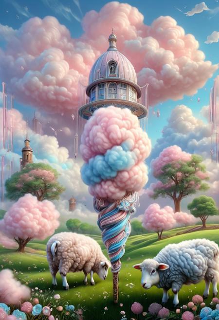 cottoncandy, score_9, score_8_up, score_7_up, score_6_up, score_5_up, score_4_up, UHD, 8K, masterpiece, detailed, ultra_high_resolution, lots of detail, OverallDetailXL, detailxl, ADD-DETAIL-XL, regalres, Masterpiece, 32k, photorealistic:1.4, Cumulo-nimbus storm cloud landscape, distant flocks of grazing sheep, background antique wooden farmhouse with antique grain silo.