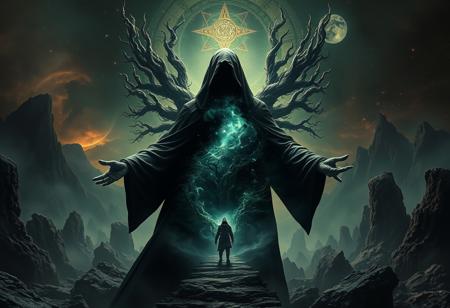 A universe inside a dark cloaked figure within mysterious landscape in an unfathomable realm of fantastic creation inhabited by ancient shadows of a forgotten time beyond the gate of the gateless gate where life is limitless, light is shadow and shadow is light, eerie sense, horror, spark of the beginning, existence and nonexistence at once, ethereal, outstretched arms, behold the end of the beginning, inglorious glory to the dark one, betrayal of the ancient order, beware the 7headed beast, destroyer of the old ways, bearer of the unbearable, nightmarish, archaic runes, tree aging backwards, breath of the gods, ruins of a place unimagined, extreme intricate detail, photorealistic, beyond epic scene, fate discarded, unseeable face of god, the end is the beginning, the beginning is the end, man arises as god dies, as above so below, as below so above, emerald tablet, thoth, guardian and saboteur of existence, hopeless hope, ghosts of the unborn, conception of the inconceivable, cosmic well of imperceptible perception, evil aura, infinite emptiness, pillars of void, overwhelming subtlety, abstract sacred geometry, beams of readiness without intention, gift of doom, despair of the ages, hidden secret warnings from dead gods, hand carved by the conductor of unholy loneliness with the sands of time incarnate