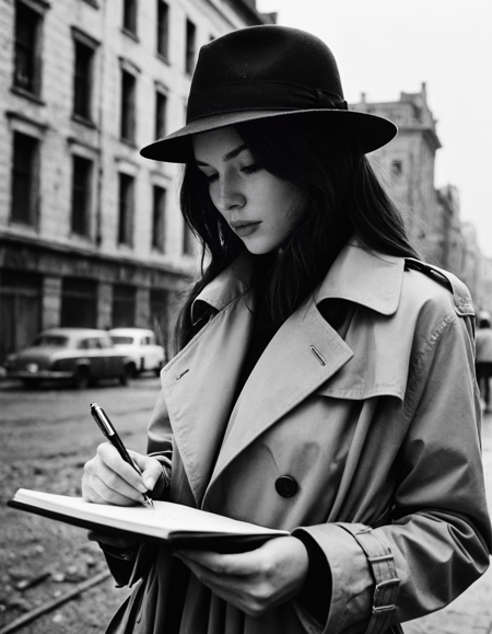 A photorealistic image of a woman with a fedora, pale skin, wearing a trench coat, writing notes in a war-torn city, captured on Kodak T-Max 100 film with sharp black-and-white detail and minimal grain, dim overcast light, medium shot, showcasing determination