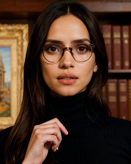 AdriaAchz, Shhhh!, (realistic, hyperdetailed:1.3) photo of 1girl as a strict librarian, closeted dom, (medium close-up), face focus, glasses, turtleneck, (stern expression), sensible hairstyle, skirt, accusatory finger pointed at viewer, intelligent composition, library background, volumetric lighting, (masterpiece, best quality:1.5), <lora:+ Unhorny_(-3.0-4.0) v01:1.5>,