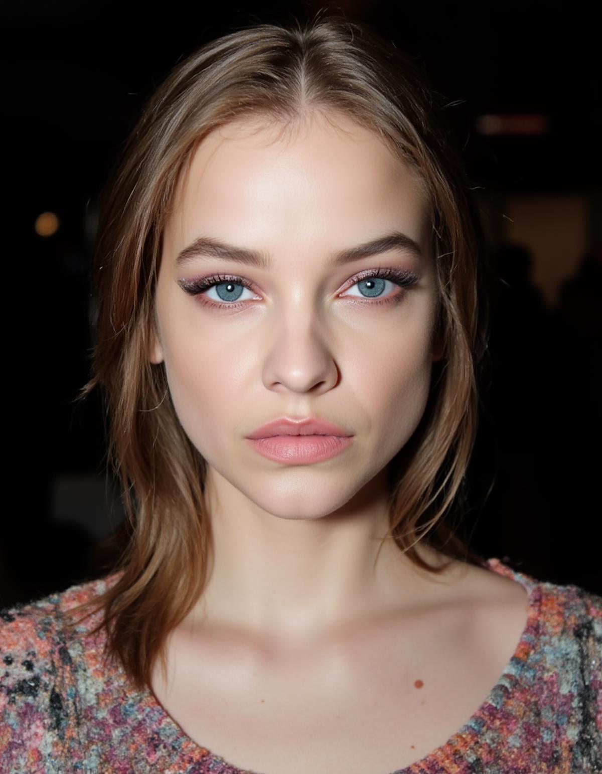 A closeup portrait photo of a woman with medium length hair who gazing directly at the camera with a neutral expression.She is wearing a multicolored knitted sweater, against a dark background.Spotlight illumination.  She is wearing clear lipgloss and bold eye-liner and glittery eye-shadow.   <lora:Barbara_Palvin_FLUX_v1-000061:1>