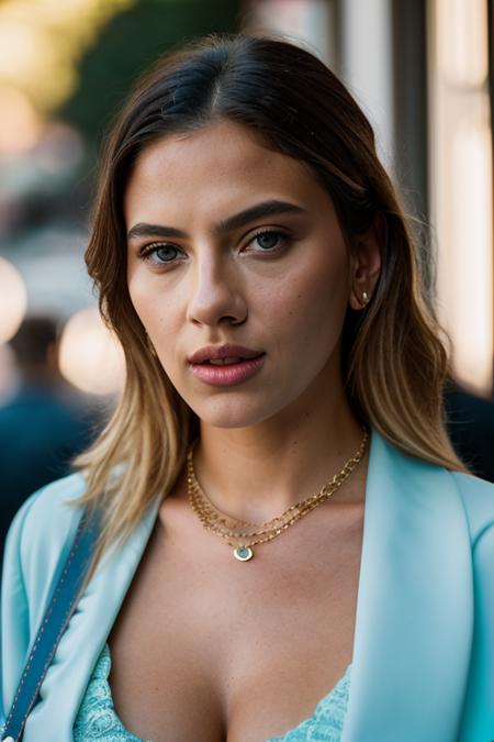 Realistic photo of a beautiful sc4rl3ttj-v2 woman,  1girl, solo, breasts, looking at viewer, blue eyes, blonde hair, dress, cleavage, jewelry, medium breasts, upper body, necklace, mole, lips, mole under mouth, freckles, realistic, mole on cheek, soft lighting, professional Photography, Photorealistic, detailed, RAW, analog, sharp focus, 8k, HD, DSLR, high quality, Fujifilm XT3, film grain, award winning, masterpiece<lora:sc4rl3ttj-v2:1.0>
