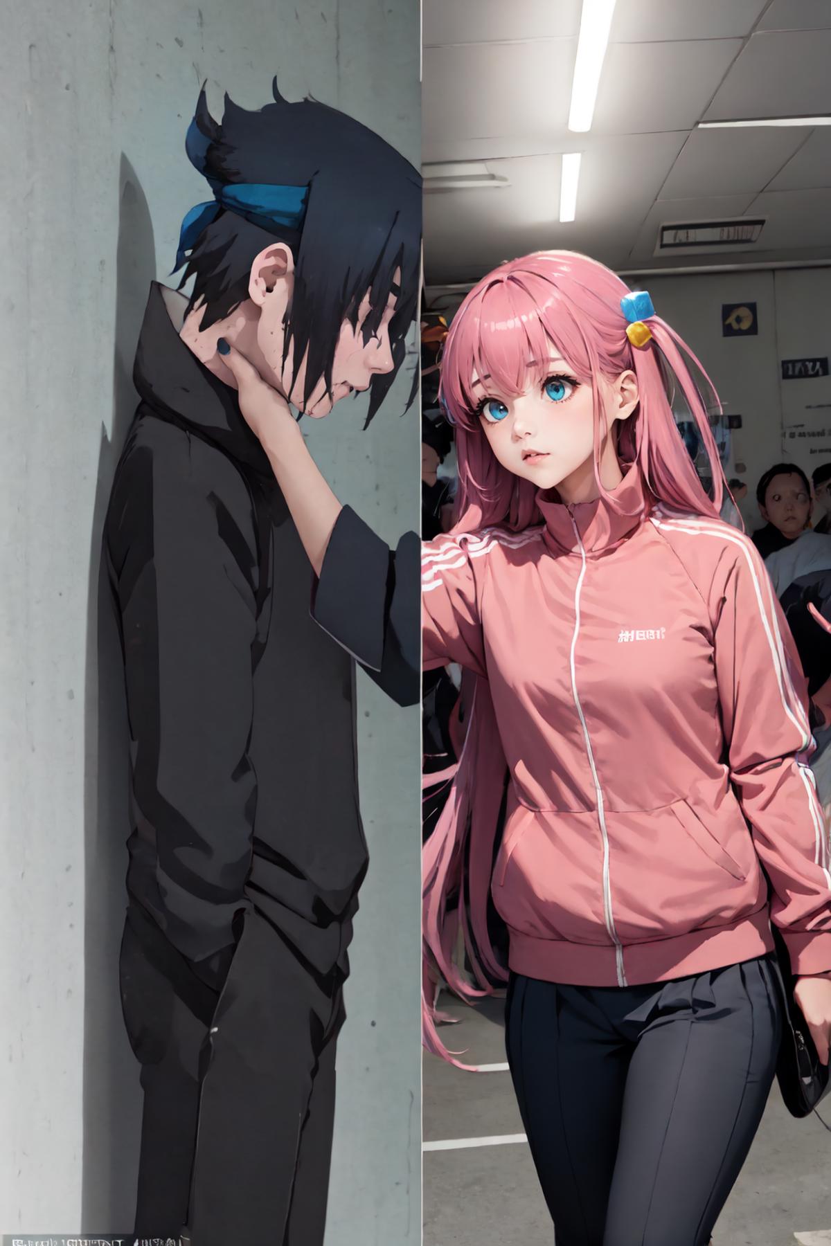 Anime drawing of a girl and a boy with pink hair.