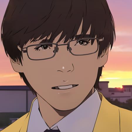 (high quality), closeup, 1boy, classroom, glasses, afternoon, sky, sunset, <lora:Sawaato_Art_Style:0.7>