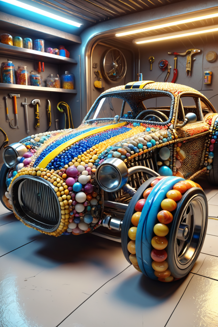 racer made of marbles, low profile, futuristic garage with neon tools, detailed background, best quality, vibrant colors, photorealistic style, high detail, hyper-realistic, highres, 4K resolution, realistic photo, masterpiece, ultra-detailed, golden tones, soft glow, close-up shot, <lora:Marbles_World_r1:0.6>
