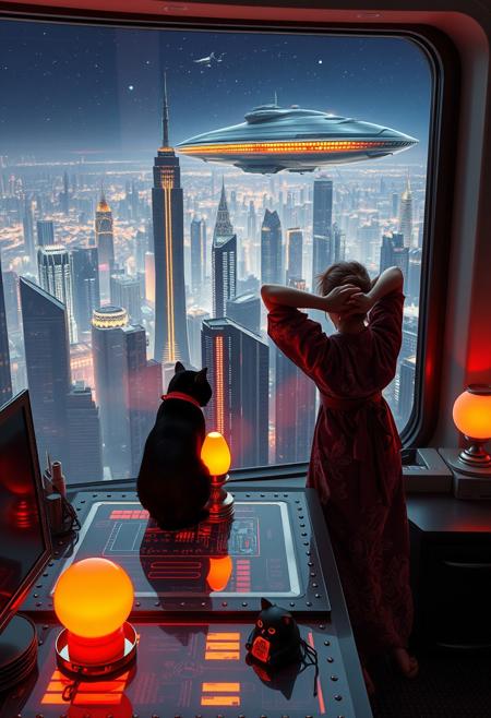 A sleek black cat with red collar sits on a cluttered metal riveted desk with transparent top and rgb led computer components visible inside, On the desk are a maneki neko statue and a lava lamp, the Black Cat is looking out of a seamless and futuristic floor to ceiling window that looks out at thousands of enormous wide and tall futuristic skyscrapers from a large window in a descending spaceship, (((a beautiful woman, 24 years old, is standing next to the cat looking at the city is stretching with arms behind her head, the view out the window is an enormous city at night composed of enormous buildings of varying futuristic art deco design, the city filled with buildings of many shapes and sizes, some over a mile tall))), the woman is dressed in an ornate Japanese style bath robe. An enormous deco starship with futuristic lighting and design is visible high above the city, and a space station is visible in the background among the stars, The woman's hair is messy from just waking up and tied up with a ribbon. Artistic cyberpunk, dynamic perspective, (((overall architectural aesthetic is Art Deco Cyberpunk))).  (((A large futuristic building shaped like a torii gate stands among the enormous tokyo structures,)))