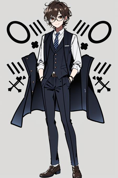 <lora:Elina:1>, virtual youtuber, 1boy, male focus, solo, necktie, black footwear, black pants, pants, glasses, shirt, full body, jacket, formal, straight-on, blue shirt, suit, standing, white background, black hair, holding, looking at viewer, vest, tachi-e, grey vest, black jacket, smile, belt, collared shirt, black-framed eyewear, brown eyes, shoes, bangs, simple background, red necktie, long sleeves, brown hair, striped