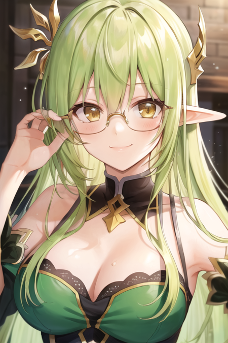 <lora:RenaErindel-09:0.6>, rena erindel, 1girl, solo, long hair, smile, elf, green hair, yellow eyes, looking at viewer, close-up, portrait, glasses, green dress, large breasts, hair ornament