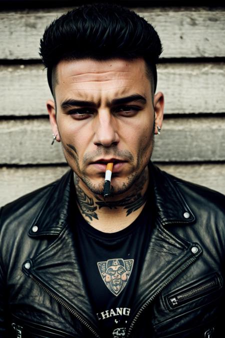 man, biker, leather jacket, leather, tattoo, massive, bald, unshaven, grim, unfriendly, ciginmouth, cinematic, face,
<lora:ciginmouth:0.6>