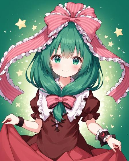 kagiyama hina,1girl, solo, front_ponytail, smile, looking_at_viewer, hair_bow, pink_bow, closed_mouth, blush, frilled_ribbon, upper_body, wrist_cuffs, red_dress, striped_bow, puffy_short_sleeves, frilled_bow, black_bow, bonnet, green_background, brown_bow, signature, heart, hands_up, head_tilt
<lora:kagiyama_hina_image8413_2023-12-14:1>,star-shaped_pupils,symbol-shaped_pupils,. gorgeous,key visual, vibrant, studio anime,award-winning, professional, highly detailed,high budget, cinemascope