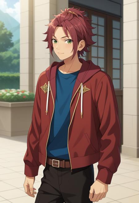 mao isara, red hair, green eyes,