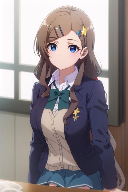 airiseto, <lora:airi seto s2-lora-nochekaiser:1>,
airi seto, long hair, blue eyes, brown hair, hair ornament, very long hair, hairclip, star \(symbol\), star hair ornament,
BREAK skirt, bow, school uniform, jacket, cardigan, blue skirt, (red jacket:1.2),
BREAK indoors, classroom,
BREAK looking at viewer, ()
BREAK <lyco:GoodHands-beta2:1>, (masterpiece:1.2), best quality, high resolution, unity 8k wallpaper, (illustration:0.8), (beautiful detailed eyes:1.6), extremely detailed face, perfect lighting, extremely detailed CG, (perfect hands, perfect anatomy),