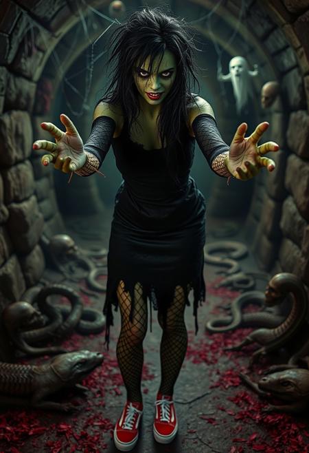 Real Life, realistic, extremely detailed digital_photography, realistic_lighting, 
a spooky dungeon, skeletons and corpses, snakes, ghosts in the background
a female Frankenstein's monster, standing in a sexy spooky pose, both arms reaching forward trying to grab the camera in a menacing way. she has green skin, suture scars on face, neck, arms and legs
bright red lipstick, long black messy hair, 
old torn black dress covered in spiderwebs, torn fishnet stockings, (((red-canvas-Vans-Authentic-sneakers))),
(((full body visible))), (((sneakers visible))), perfect anatomy, perfect legs