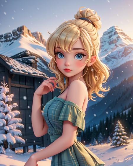 <lora:tinkerbell_character:1> tinkerwaifu,, Cute Montana Outdoors Girl wearing a one shoulder flannel top. Detailed eyes framed by long, perfect eyelashes. Light make-up and eyeliner. Soft features. Sensual. Outdoors in Montana. Morning sun rise. In the background is pine tress and snowy mountain tops. Photorealistic, Natural atmospheric lighting, intricate details, 35mm photograph, film, professional, 4k visuals, highly detailed, elegant, studio quality.