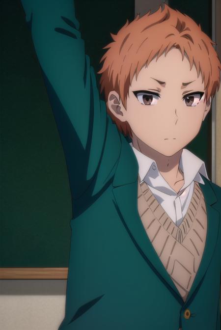 tatsumitanabe, <lora:tatsumi tanabe s1-lora-nochekaiser:1>,
tatsumi tanabe, short hair, (brown eyes:1.5), male focus, orange hair,
BREAK shirt, school uniform, jacket, white shirt, blazer, green jacket, (green blazer:1.5),
BREAK indoors, classroom,
BREAK looking at viewer, (cowboy shot:1.5),
BREAK <lyco:GoodHands-beta2:1>, (masterpiece:1.2), best quality, high resolution, unity 8k wallpaper, (illustration:0.8), (beautiful detailed eyes:1.6), extremely detailed face, perfect lighting, extremely detailed CG, (perfect hands, perfect anatomy),