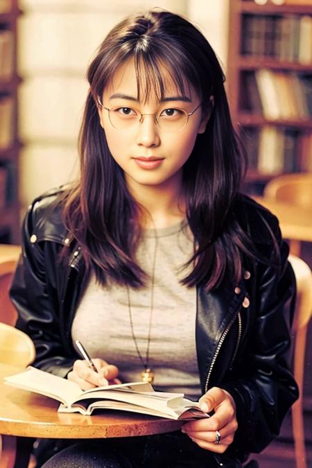 portrait photography of a college belle wearing gold wire glasses reading in the library, <lora:banjingquanshui:0.8>