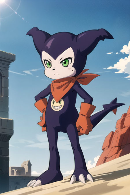 masterpiece, best quality, impmon, solo, digimon \(creature\), green eyes, no humans, tail, gloves, bandana, neckerchief, claws, standing, sky, solo, sky, sunshine, cloud, outdoors, desert ruins background, dune, sand  <lora:Impmon:1>