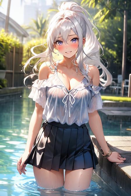 (masterpiece, best quality:1.2), (absurdres, highres, ultra-detailed), (perfect anatomy), BREAK , realistic, 1girl, ponytail, parted lips, blush, makeup, light smile, white hair, sportswear, skirt, wet clothes, glow, thighs, purple eye, bare shoulders, collarbone, narrow waist, sunbeam, sunlight, rose, wind, cleavage, (masterpiece), sweat , BREAK , good