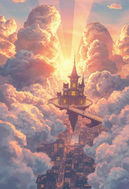 Vertical 9:16 cinematic anime scene, dreamy cityscape at golden hour, soft pastel sky filled with giant fluffy clouds, warm sunlight bursting through the cloud gaps, glowing beams illuminating a hidden floating cat kingdom above the clouds, whimsical buildings shaped like cat towers, cute feline citizens strolling on bridges in the sky, richly detailed city below with small glowing windows, soft watercolor anime shading, ultra-high 4K resolution, inspired by 'The Cat Returns', gentle wind moving clouds and banners, magical and emotional atmosphere