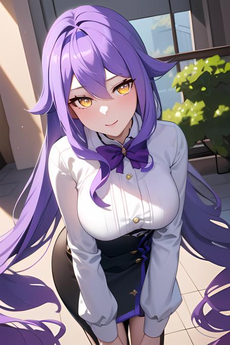 ((masterpiece, best quality)),1girl,indoors, sirin, bow breasts,long_hair, long_sleeves, looking_at_viewer, pencil_skirt, purple_bow, purple_hair, skirt, solo, thigh_strap,black_skirt, very_long_hair,cowboy_shot, white_shirt, yellow_eyes,,,,,,, ,extremely detailed CG unity 8k wallpaper, perfect lighting,Colorful, Bright_Front_face_Lighting,White skin, (masterpiece:1.0),(best_quality:1.0), ultra high res,4K,ultra-detailed, photography, 8K, HDR, highres, absurdres:1.2, Kodak portra 400, film grain, blurry background, bokeh:1.2, lens flare, vibrant_color,professional photograph,(Beautiful medium_Breasts), (beautiful_face:1),(narrow_waist),Beautiful Finger,Beautiful long legs,Beautiful body,Beautiful Nose,Beautiful character design, perfect face,perfect balance,