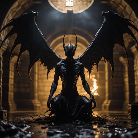 highly detailed  photo of a nightgaunt inside an occult chamber, 
squatting, dark room, arcane occult items, (((indoors)), wings,

realistic, depth of field, blurry background,


photorealistic,
horror, eerie,
silhouette lighting,


