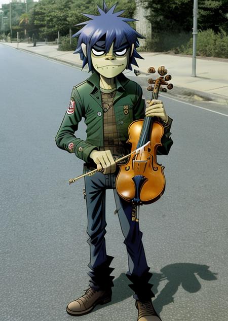 gorillazstyle, a man standing on a sidewalk and playing a violin