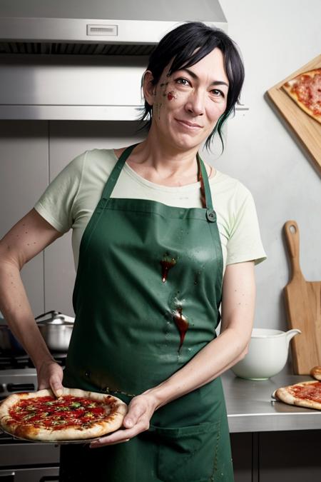 realistic photo of gh15l41n3-sd15-2600:0.9 as pizza chef wearing green shirt, (stained apron, splattered sauce), detailed face, skin texture, masterpiece, hasselblad h6d-400c 1.4