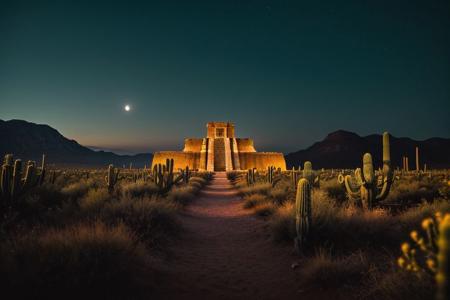 (tall ancient stone towers; 1.39) (ziggurat temple complex emerging from landscape: 1.39) raw photo, moonlight, night photography, high exposure, Arizona desert, Saguaro Cactus, Tall Mesa,  cozy, photorealistic, high detailed texture, 8k uhd, dslr, soft lighting, high quality, film grain, (Fujifilm XT3, Sony A7 IV: 1.19), highly detailed photography, (muted colors, cinematic, dim colors, soothing tones:1.2), vibrant, insanely detailed, hyperdetailed, (dark shot:1.2), (vsco:0.3), (intricate details:0.9), (hdr, hyperdetailed:1.2) (highest coherency: 1.39) (highest quality: 1.39) (rule of Thirds) (award winning) (breathtaking) (masterclass) (vibrant color: 0.79) (distant hillside) (cinematic lighting, David Park, lights,) (purple-green glow)