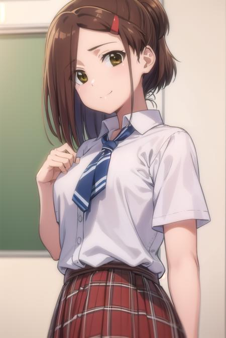 akosuminoe, <lora:ako suminoe ova-lora-nochekaiser:1>,
ako suminoe, short hair, brown hair, hair ornament, (brown eyes:1.5), ponytail, hairclip, smile,
BREAK skirt, shirt, school uniform, white shirt, socks, plaid, kneehighs, plaid skirt,
BREAK indoors, classroom,
BREAK looking at viewer, (cowboy shot:1.5),
BREAK <lyco:GoodHands-beta2:1>, (masterpiece:1.2), best quality, high resolution, unity 8k wallpaper, (illustration:0.8), (beautiful detailed eyes:1.6), extremely detailed face, perfect lighting, extremely detailed CG, (perfect hands, perfect anatomy),