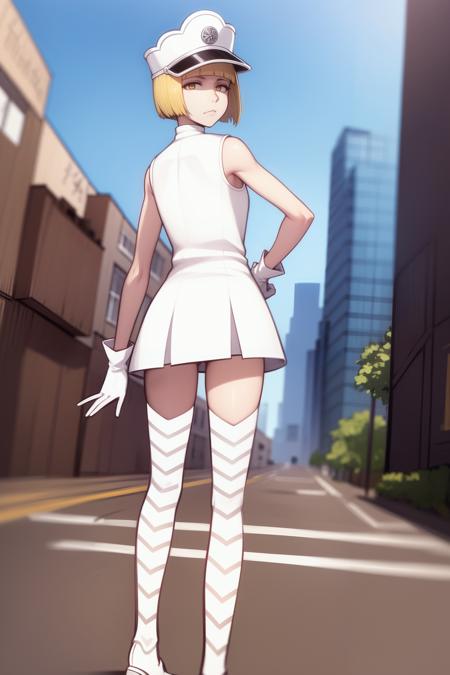 <lora:Liltotto:1>,solo, blonde hair, military hat, white gloves, thigh boots, yellow eyes, 1girl, short hair, white background, sleeveless dress,city,outdoors, boots, full body, walking,(from behind:1.2),looking back, white footwear, looking at viewer, bare shoulders,frown, uniform, white headwear, white dress, short dress, bare arms, white legwear, undershirt, bob cut, yellow eyes, clenched hand, , blunt bangs, closed mouth, hand on hip,  <lora:Asura [MockAi - v1.0]:0.7>