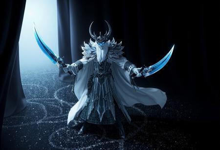 "Depict a Mad King of the Dark World, in a detailed 4K image, wielding Butterfly Daggers - Elma on each arm. The King, predominantly white and gray, stands on a Dark Magic Curtain, transitioning from dark to light. The backdrop is scattered with small white dots, giving a sense of depth. Adorned with a blue visor, the King is ready for action. Use vibrant colors, contrast, sharp lines, and finely detailed textures to highlight the isometric illustration. Achieve photorealistic imagery using unreal engine, octane render, or 8k post-processing. Ensure a harmonious color scheme and dynamic action pose. Submit to artstation for trending consideration."