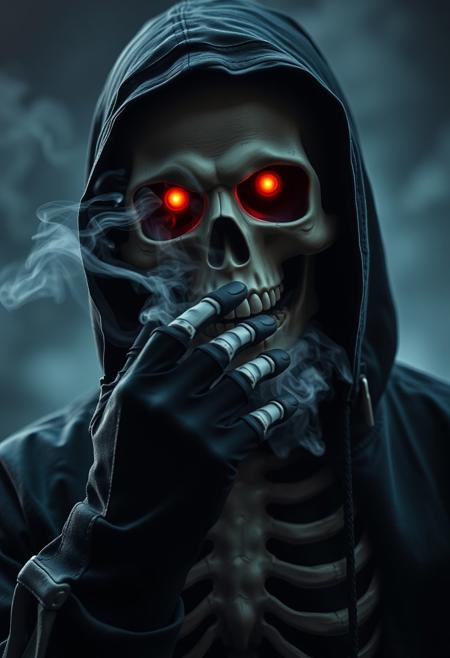 A scary picture of a person dressed as a skeleton. The person is wearing a black hooded jacket and has a black glove on their hand. The face of the skeleton is covered with a hood. The eyes of the skull are glowing red. There is a lot of smoke coming out of the person's face.