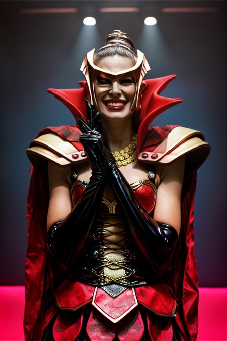 Divatox red cape, high collar, gold mask, gold pauldrons, black gloves, purple hair,  gold necklace, red and gold outfit