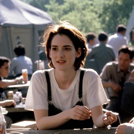 <lora:Winona Ryder (90s) SDXL - Trigger is Winona Person :1>, ,Movie moment with winona person , in a 90s camp setting around a bonfire, under the soft glow of firelight, captured in a circular pan, evoking stories and legends of summer camps. | Movie moment with winona Person, organizing a grand pillow parade, but chaos ensues when a pillow float goes rogue, emphasizing fluffy floats and comedic carnivals. | winona Person joins a club where every member has an identical twin from another dimension  | Movie sequence where winona Person discovers their shower can change the weather outside, leading to unpredictable and humorous meteorological outcomes.