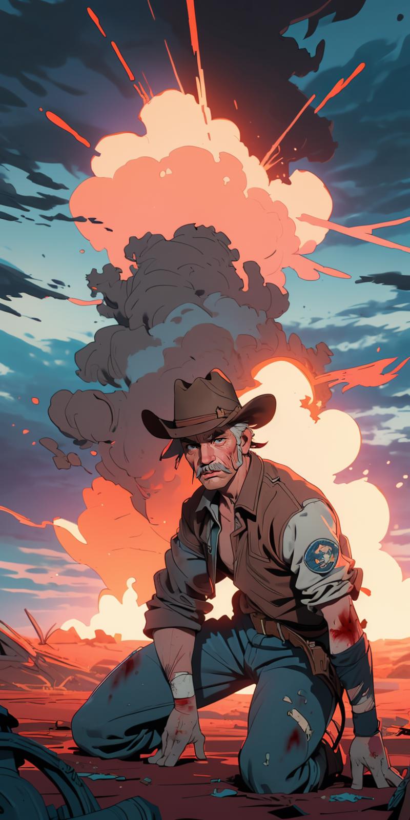 Man in a cowboy hat with a beard and mustache standing in front of an explosion.