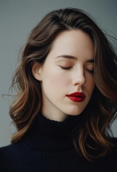 Analog photo, 35 mm, 
young woman (Rebecca Hall), head tilted downward with eyes closed, soft diffused lighting, neutral gray backdrop, black turtleneck sweater, deep red lipstick, long tousled hair with natural highlights, calm introspective mood, medium close-up shot, DOF, muted cool tones with subtle warmth in skin, moody and contemplative
Balanced palette, expressive++,