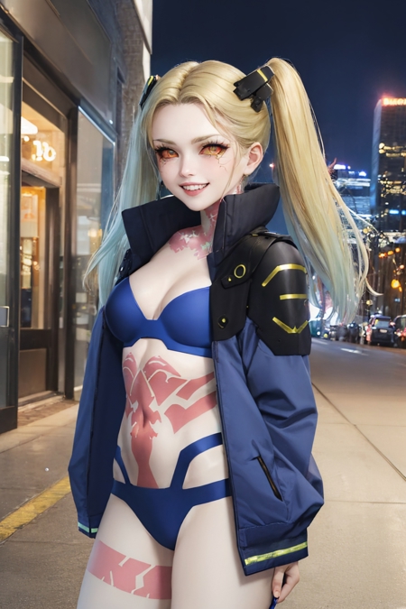 cprebecca colored skin white skin green hair twintails artificial eye colored sclera red sclera black jacket bra panties