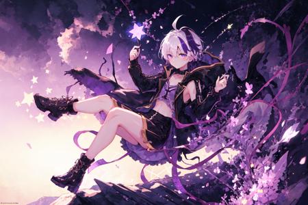 (((masterpiece))), ((best quality)), 4k, 8k, wallpaper,  1girl, solo, vflower,<lora:vflower-000010:0.6>,purple hair, full body, looking at viewer, starry night