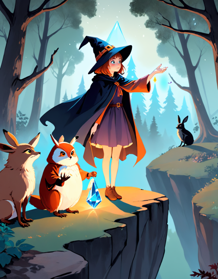 {Illustration} of Irina from "The Journey of the Witch", a young witch wearing a pointed hat and a cloak, standing on a cliff overlooking a vast magical forest. She is holding a glowing crystal in one hand, while her other hand is outstretched towards a group of friendly woodland creatures, including a wise old owl, a playful fox, and a mischievous rabbit, all casting curious glances at her. The sky above is filled with swirling colors of