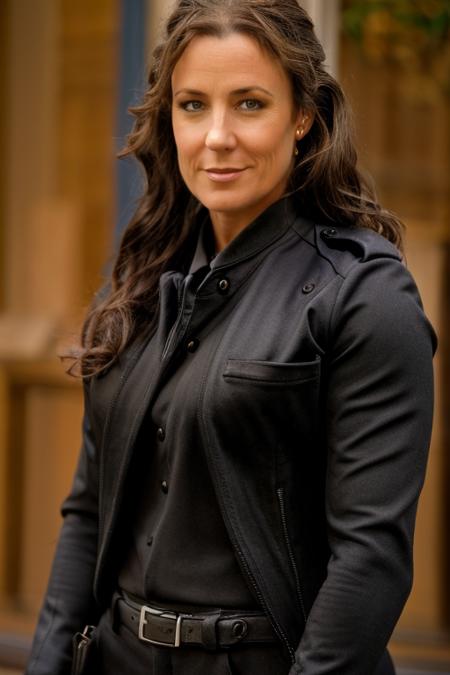 police officer costume ,  alley , night  <lora:Orla_Brady:1> masterpiece, best quality, detailed face,, 1girl, solo, a mature o1873b, brown_eyes, realistic, brown_hair, long_hair, posing,