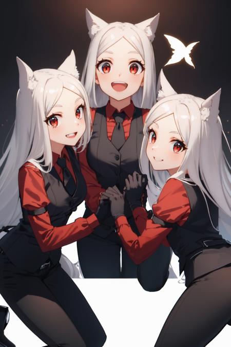 (masterpiece, best quality:1.2), 3girls, htcerberus, happy, smile, looking at viewer, waistcoat, red shirt, black necktie, arm garter, black vest, black gloves, black pants <lora:helltaker_cerberus:1.0>