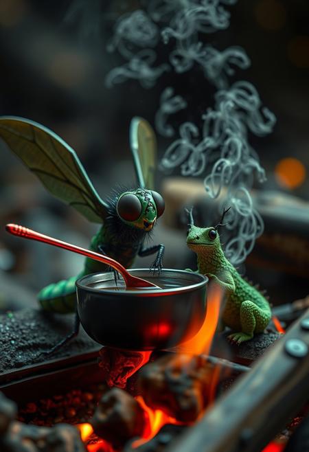 surreal VFX, nano- domestic fly stirring broth  with a steel red spoon on a campfire, sitting with the  green nano-dragon with dark green wings seen under an electron scanning microscope, with details, vivid colors