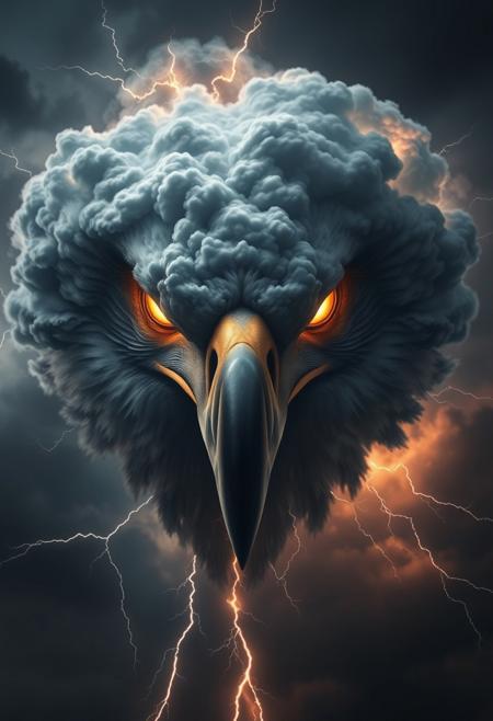 A dark, stormy sky forms the shape of a colossal eagle’s face in the clouds, its eyes glowing with a supernatural light. Lightning crackles around its head, highlighting the fierce expression carved into the swirling cloud mass. The beak is sharp and pronounced, formed by twisting currents of dark vapor. Thunder rumbles in the background as the sky glows with moody, cinematic lighting. The focus is on the face — powerful, intense, and majestic. High detail, dramatic atmosphere, fantasy storm, ethereal energy.